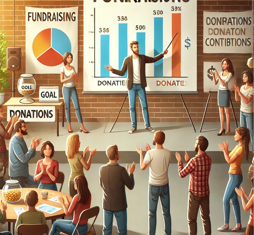 A passionate fundraiser speaking to an engaged group at a charity event, presenting a fundraising goal chart. Supporters are interacting, donating, and celebrating progress toward the cause.