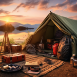 A tent pitched by a serene lake at sunrise, surrounded by camping gear neatly arranged on a rustic blanket.
