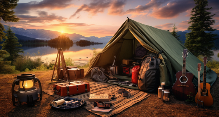 A tent pitched by a serene lake at sunrise, surrounded by camping gear neatly arranged on a rustic blanket.