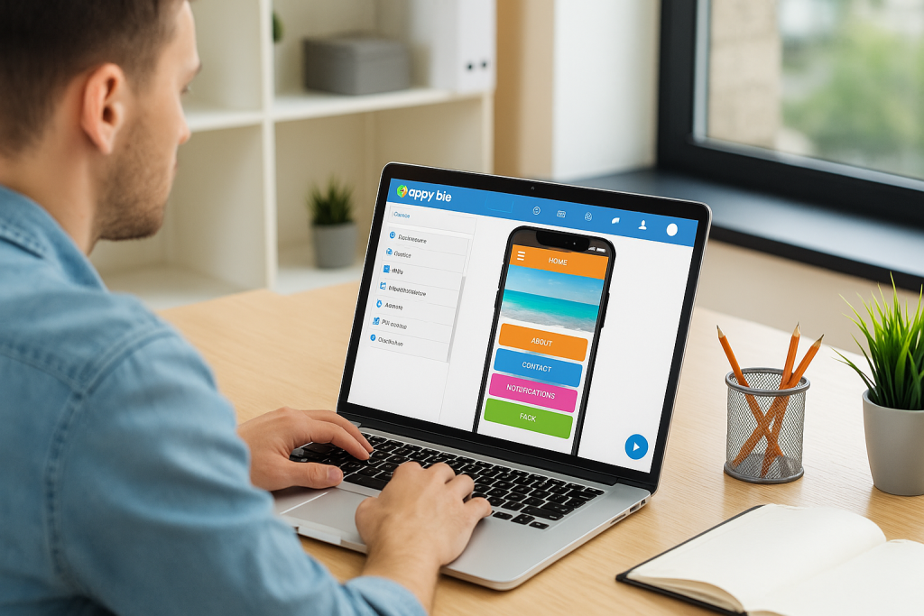 "Entrepreneur using Appy Pie to build a mobile app without coding – drag-and-drop interface on a laptop screen"