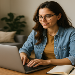 A woman in her twenties, wearing glasses and a denim shirt, smiles while working on a laptop at her wooden dining table in a bright, cozy living room. A coffee cup, notebook, and homey decor surround her, capturing the peaceful vibe of remote work.