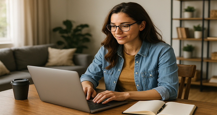 A woman in her twenties, wearing glasses and a denim shirt, smiles while working on a laptop at her wooden dining table in a bright, cozy living room. A coffee cup, notebook, and homey decor surround her, capturing the peaceful vibe of remote work.