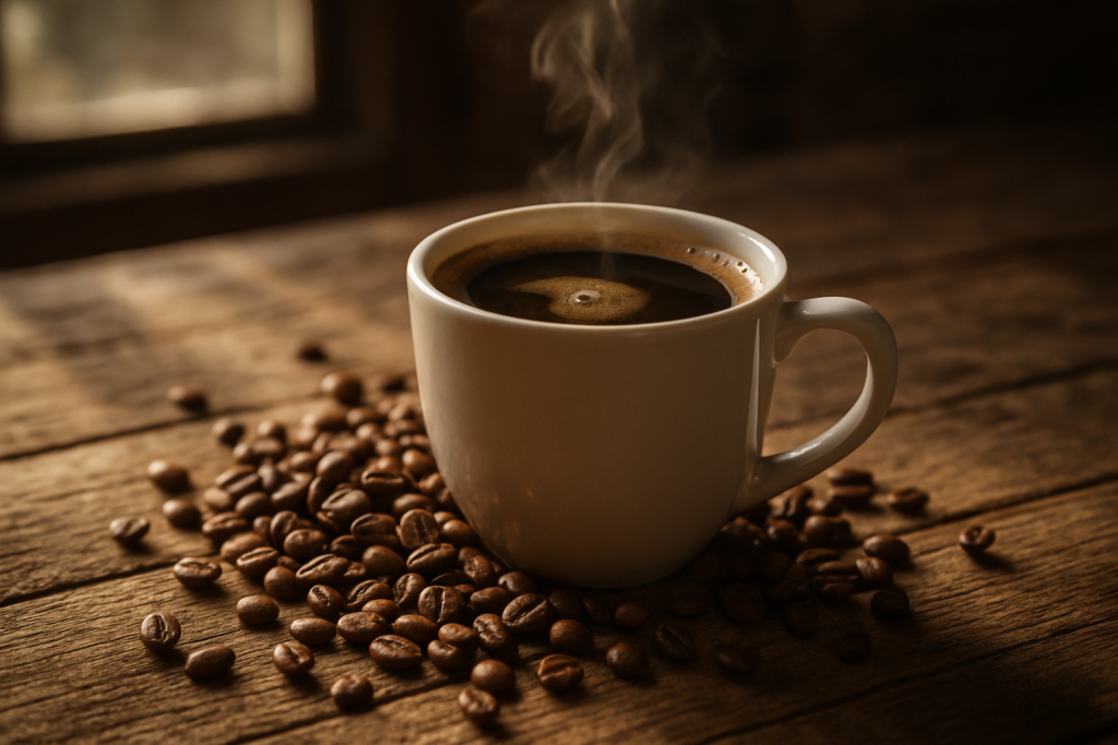 A steaming cup of freshly brewed coffee on a wooden table, surrounded by coffee beans, a manual grinder, and a small vase with fresh flowers.