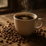 A steaming cup of freshly brewed coffee on a wooden table, surrounded by coffee beans, a manual grinder, and a small vase with fresh flowers.