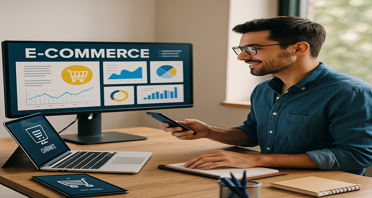 A modern e-commerce entrepreneur works at a standing desk surrounded by tech: a laptop, phone, tablet, and large monitor displaying e-commerce analytics. Bright daylight pours in through a window, hinting at an energized and forward-looking workspace.
