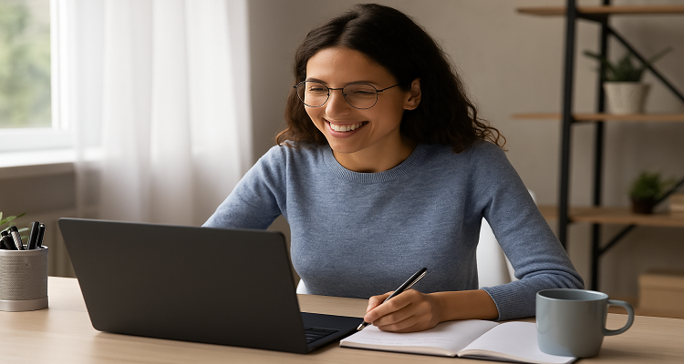 A young woman with curly brown hair and glasses smiles while working at her laptop in a sunlit home office. She wears a soft blue sweater and writes in a notebook beside a coffee mug and pencil cup, with a cozy, plant-filled background.