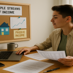 A confident young adult sits at a home desk, looking at financial planning documents and a laptop. Beside them, a vision board with savings goals and passive income streams. Natural light suggests clarity and forward-thinking mindset.