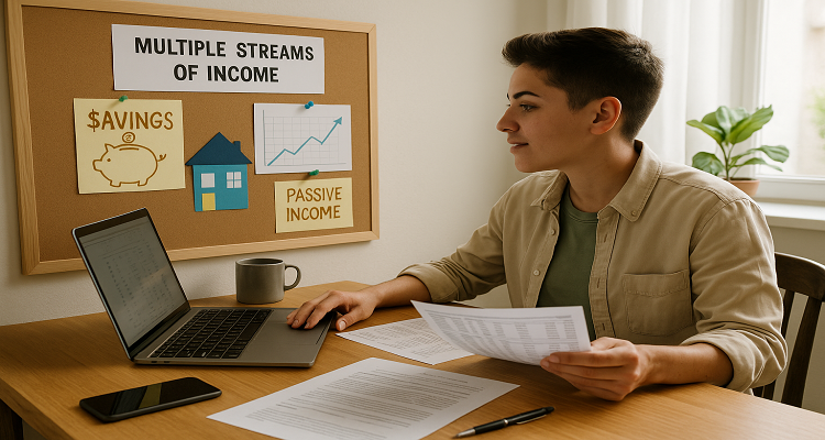A confident young adult sits at a home desk, looking at financial planning documents and a laptop. Beside them, a vision board with savings goals and passive income streams. Natural light suggests clarity and forward-thinking mindset.
